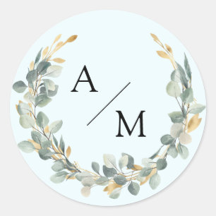 Sticker Rond Couronne de eucalyptus élégante, monogramme 