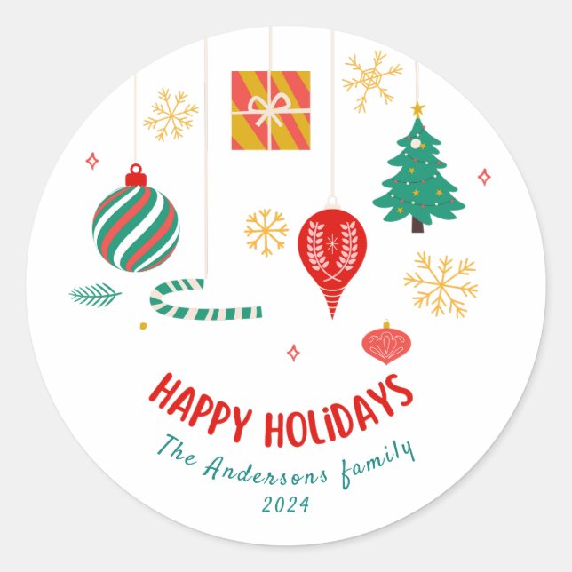 Sticker Rond Couronne de fête Joyeuses Fêtes vertes vacances (Devant)