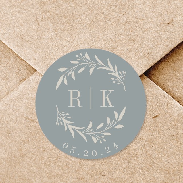 Sticker Rond Couronne de feuillage élégant Monogramme de mariag (Créateur téléchargé)