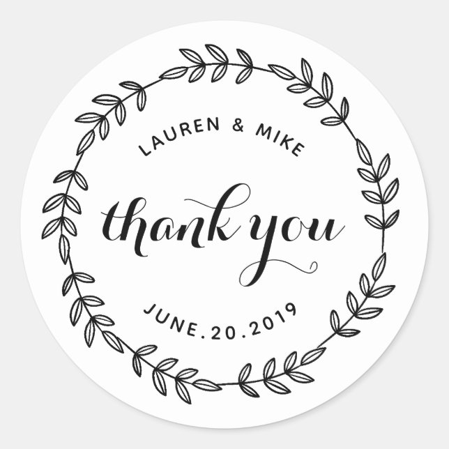 Sticker Rond Couronne de feuillage rustique Mariage Merci (Devant)