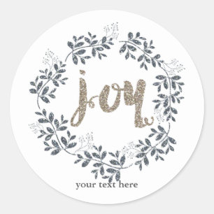 Sticker Rond Couronne de feuilles JOY Rustique Fêtes Argent Or
