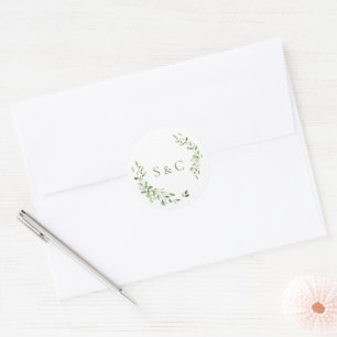 Sticker Rond Couronne de feuilles vertes Monogramme Mariage