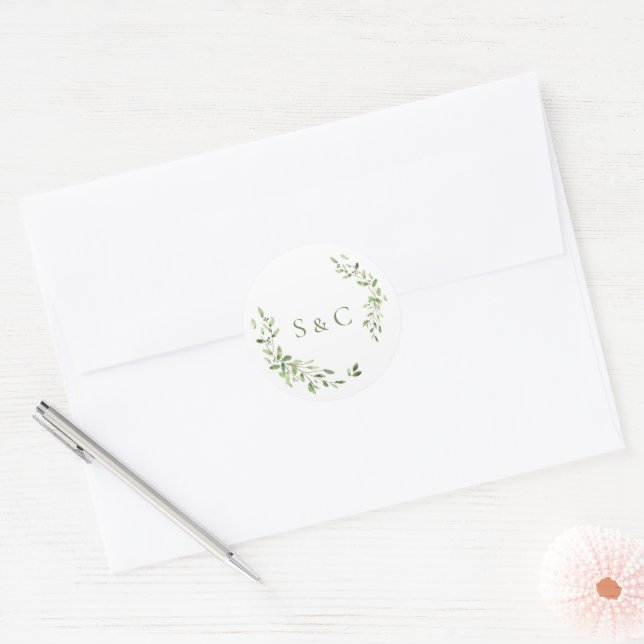 Sticker Rond Couronne de feuilles vertes Monogramme Mariage (Enveloppe)