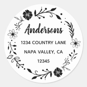 Sticker Rond Couronne de fleurs   Adresse de retour Nom de fami