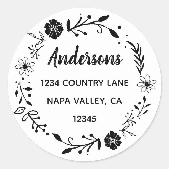 Sticker Rond Couronne de fleurs | Adresse de retour Nom de fami (Devant)