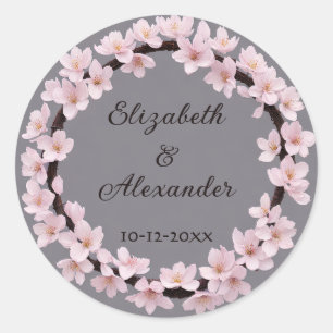 Sticker Rond Couronne de fleurs de cerisier avec noms et date d