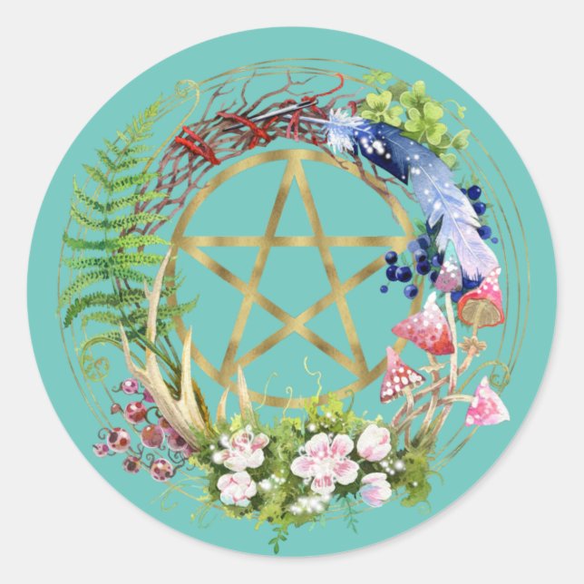 Sticker Rond Couronne de fleurs de la nature en pentacle doré B (Devant)