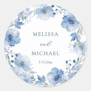 Sticker Rond Couronne de fleurs de mariage à l'aquarelle bleue