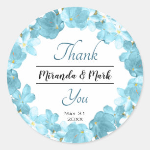 Sticker Rond Couronne de fleurs de mariage bleu aquarelle Merci