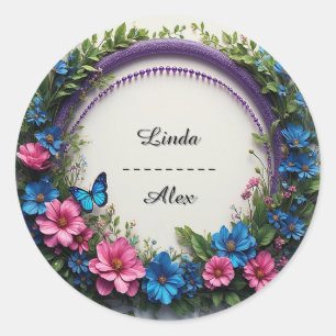 Sticker Rond Couronne de fleurs de mariage colorée avec papillo