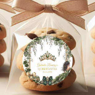 Sticker Rond Couronne de Fleurs de Quinceañera Vert Émeraude Do