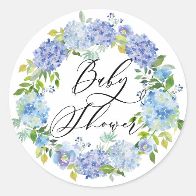 Sticker Rond Couronne de fleurs d'hortensia bleue Baby Shower (Devant)