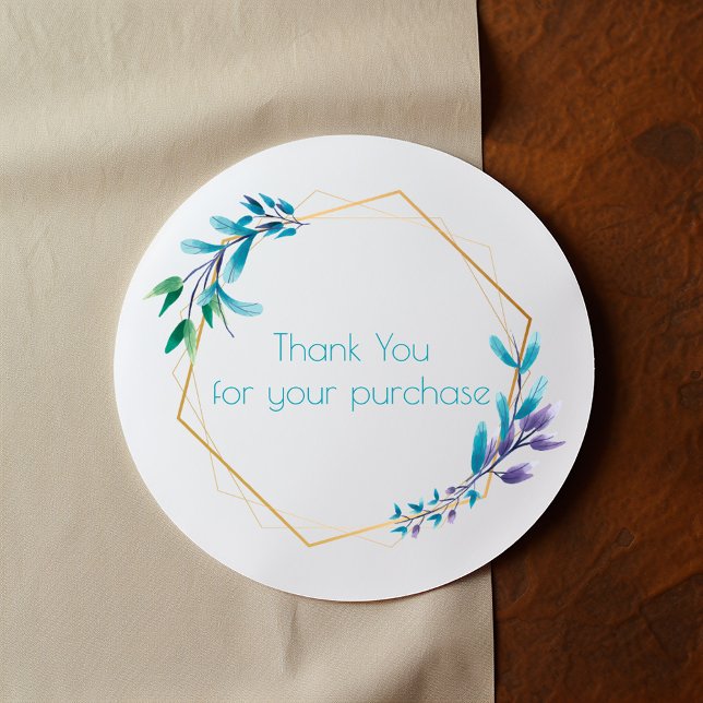 Sticker Rond Couronne de fleurs d'or "Merci pour votre achat" (Round white thank you sticker with gold frame and watercolor botanical accents)