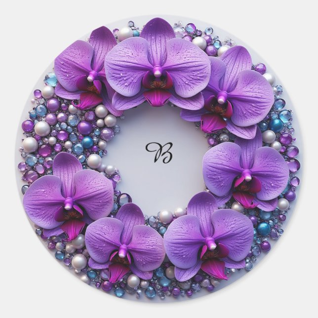 Sticker Rond Couronne de fleurs d'orchidée violette avec perles (Devant)