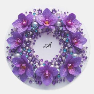 Sticker Rond Couronne de fleurs d'orchidée violette avec perles