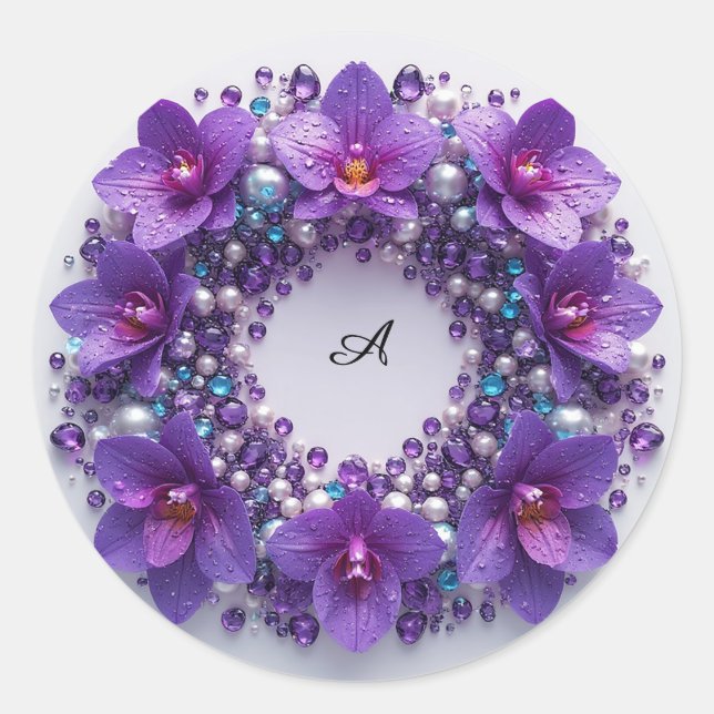 Sticker Rond Couronne de fleurs d'orchidée violette avec perles (Devant)