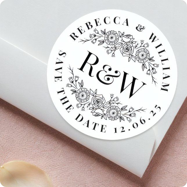 Sticker Rond Couronne de Fleurs Élégante Monogramme Faire-Part  (Créateur téléchargé)