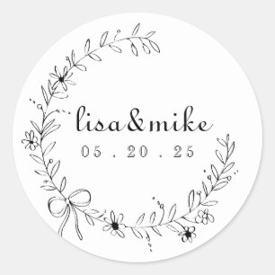 Sticker Rond Couronne de fleurs et de ruban de mariage