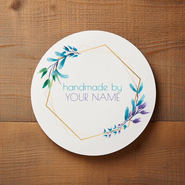 Sticker Rond Couronne de fleurs géométriques en or "Fait à la m (Round white thank you sticker with gold frame and watercolor botanical accents)