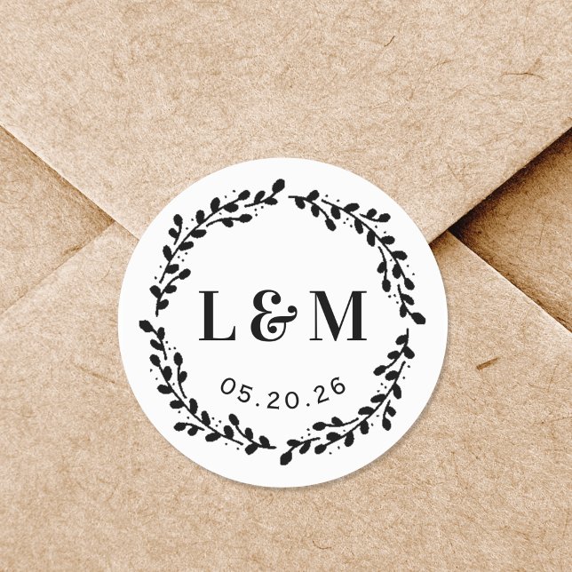Sticker Rond Couronne de fleurs mariage monogramme (Créateur téléchargé)