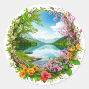 Sticker Rond Couronne de fleurs printanières encadrant une mont