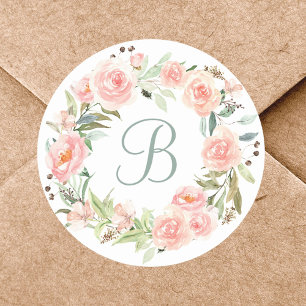 Sticker Rond Couronne de fleurs rose pastel monogrammée
