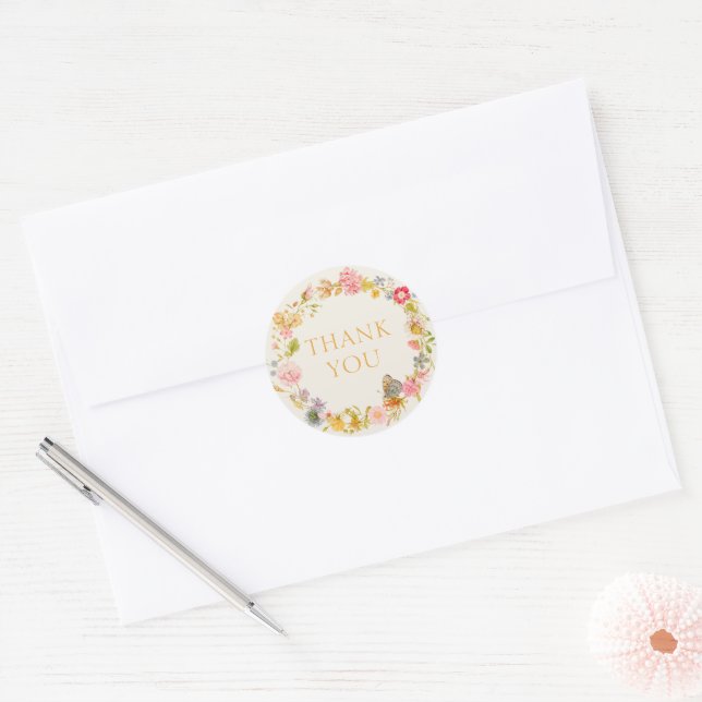 Sticker Rond Couronne de fleurs sauvages Merci (Enveloppe)