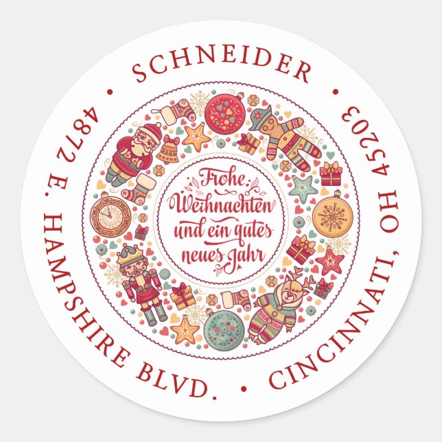 Sticker Rond Couronne de Joyeux Noël Adresse de Retour (Devant)