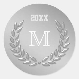 Sticker Rond Couronne de laurier gris argent sur mesure Monogra