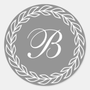 Sticker Rond Couronne de laurier gris avec monogramme personnal