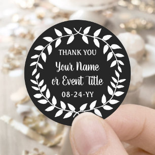 Sticker Rond Couronne de laurier simple noir et blanc Merci