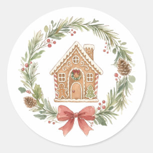 Sticker Rond Couronne de maison en pain d'épices avec ruban rou