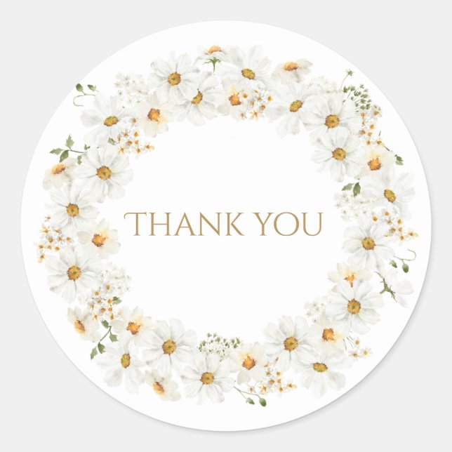 Sticker Rond Couronne de marguerites blanches aquarelle merci (Devant)