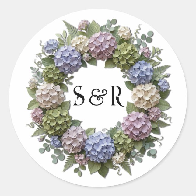 Sticker Rond Couronne de mariage à monogramme d'hortensia (Devant)