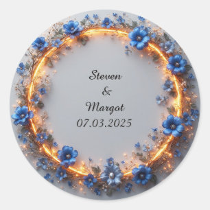 Sticker Rond Couronne de mariage avec fleurs bleues et lumière