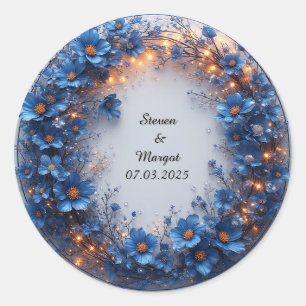Sticker Rond Couronne de mariage avec fleurs bleues et lumière 