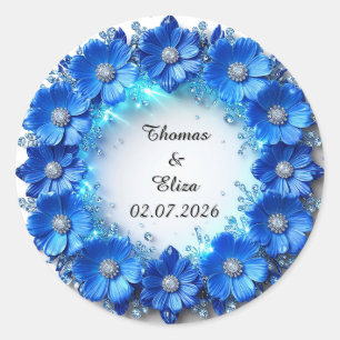 Sticker Rond Couronne de mariage de fleurs bleues scintillantes