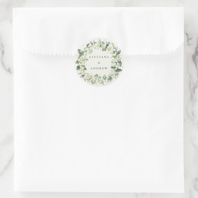 Sticker Rond Couronne de mariage élégante crème de neige + euca (Sac)
