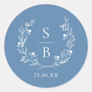 Sticker Rond Couronne de mariage en monogramme botanique bleu r