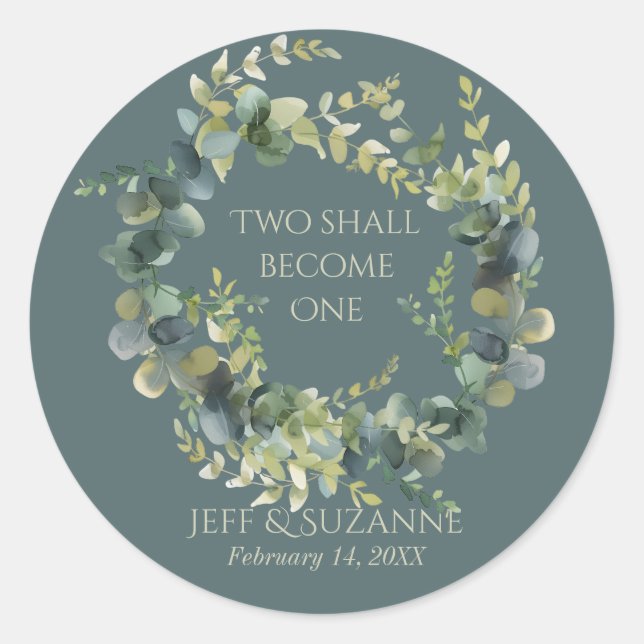 Sticker Rond Couronne de mariage Eucalyptus vert Deux deviendro (Devant)