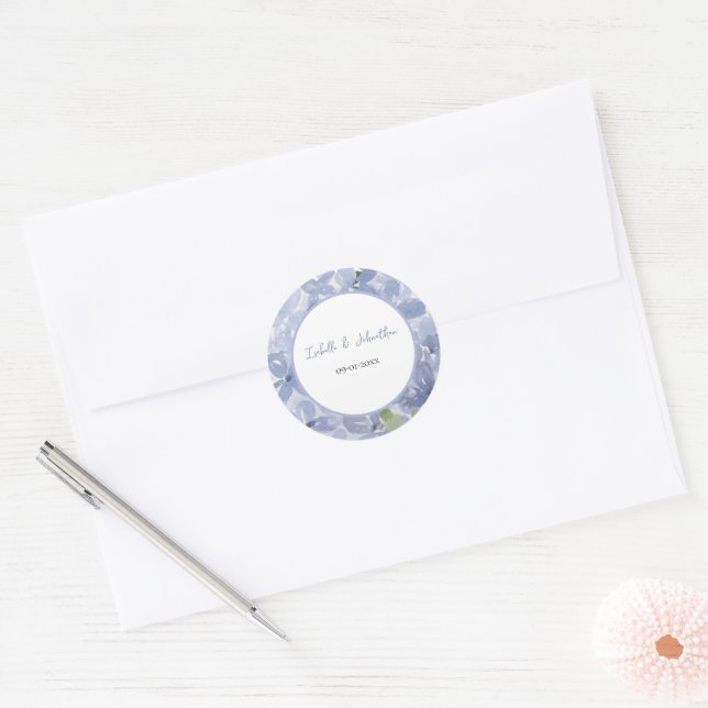 Sticker Rond Couronne de mariage Fleurs de Hortensia Bleu Pouss (Enveloppe)