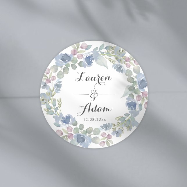 Sticker Rond Couronne de mariage florale bleue boho et eucalypt (Créateur téléchargé)