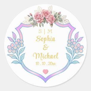 Sticker Rond Couronne de mariage florale, cadre de monogramme e