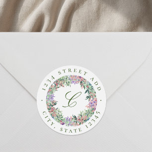 Sticker Rond Couronne de monogramme d'adresse de retour florale