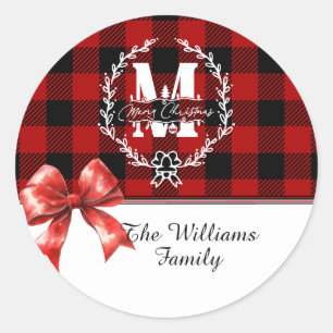 Sticker Rond Couronne de monogramme de Noël plaid de Buffalo
