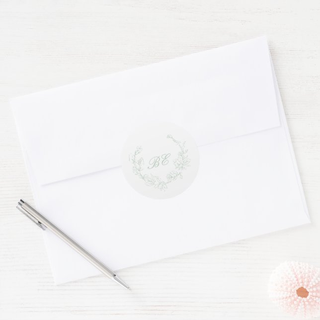 Sticker Rond Couronne de monogramme élégant de mariage vert sau (Enveloppe)