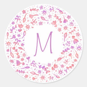 Sticker Rond Couronne de monogramme florale en rose et violet d