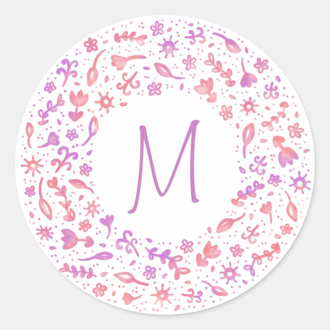 Sticker Rond Couronne de monogramme florale en rose et violet d (Devant)