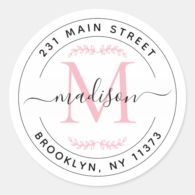 Sticker Rond Couronne de monogramme rose blush élégante Adresse (Devant)