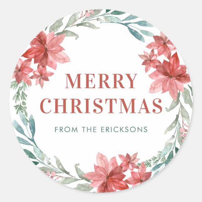 Sticker Rond Couronne de Noël à la verdure et aux poinsettias (Devant)
